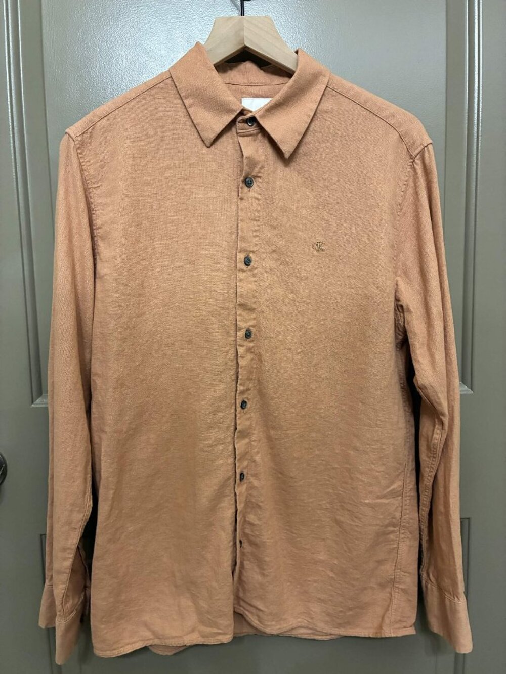 Calvin Klein Men's Long Sleeve Button Down Shirt Linen Blend Terracotta Rust